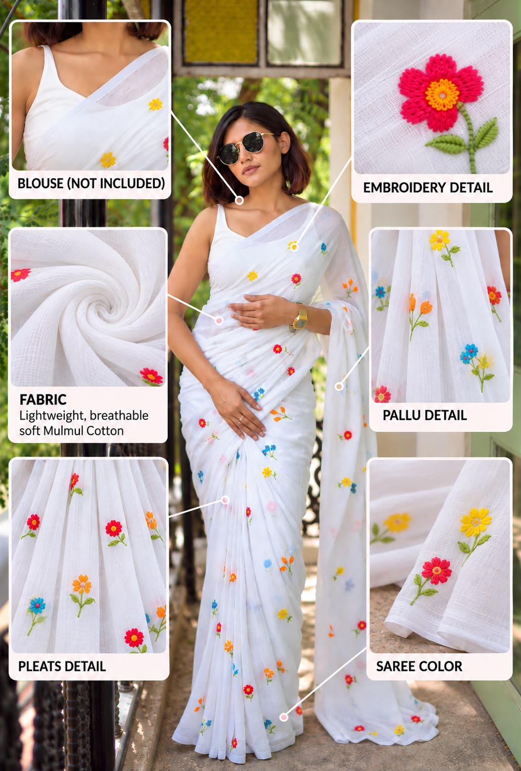 White Embroidered Mulmul Cotton Saree