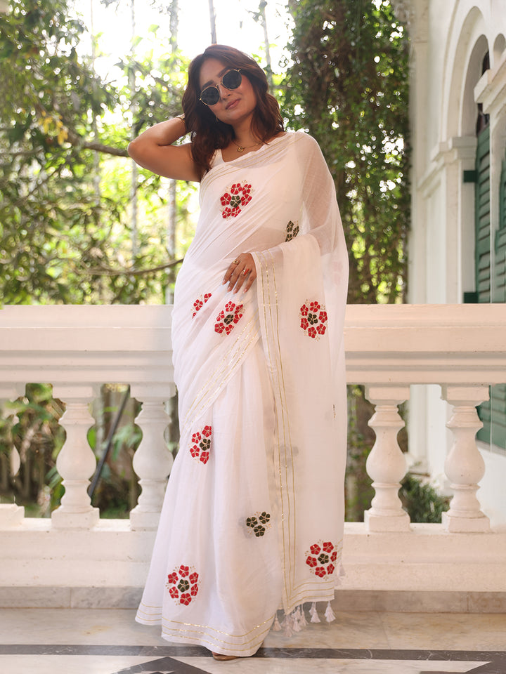 White Flower Mulmul Cotton Saree