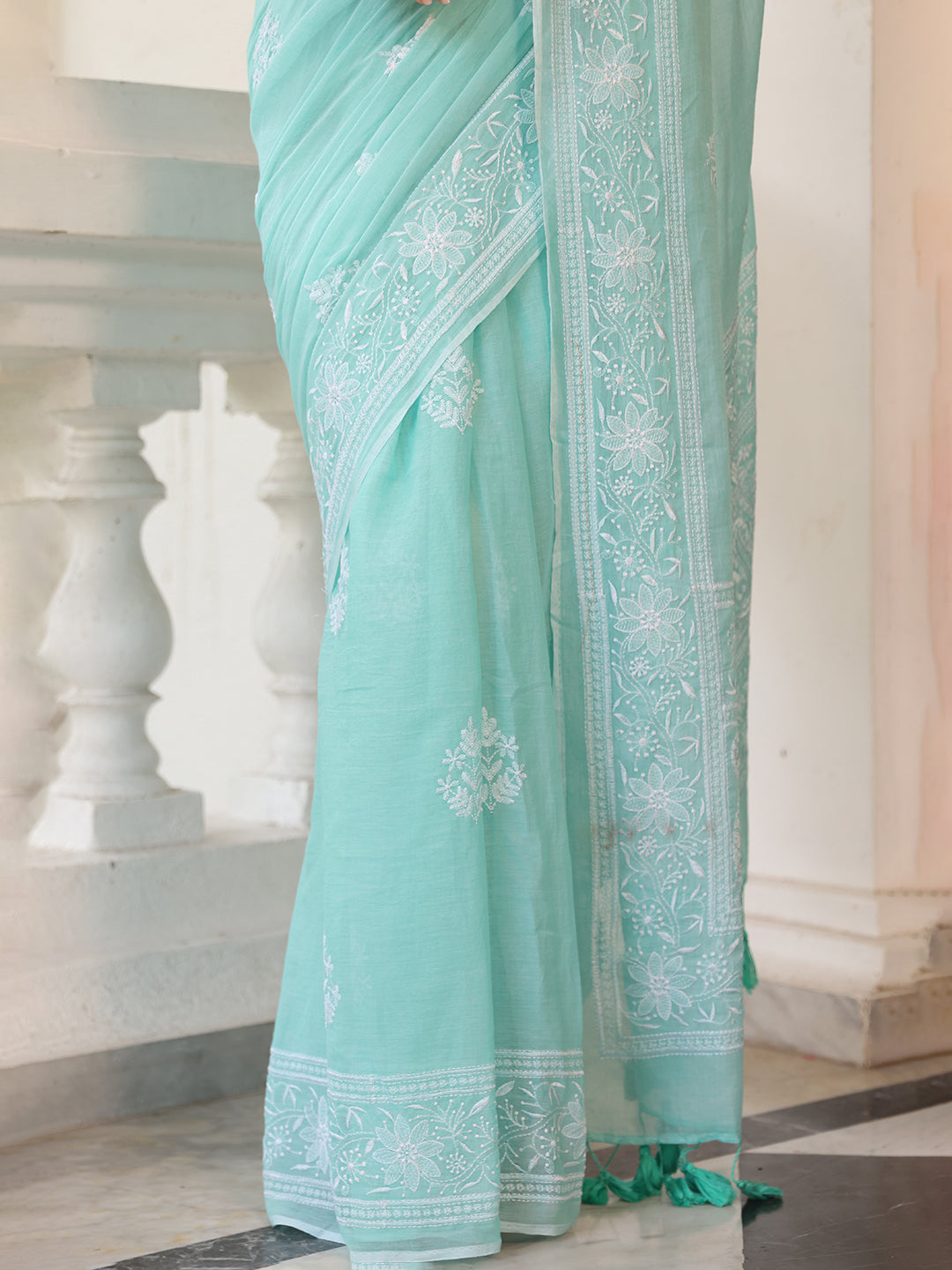 Sea Green Chikankari Mulmul Cotton Saree