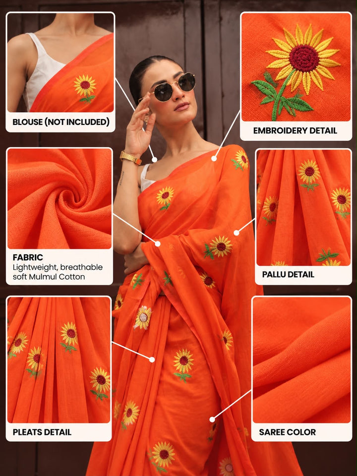 Orange Sunflower Mulmul Cotton Saree