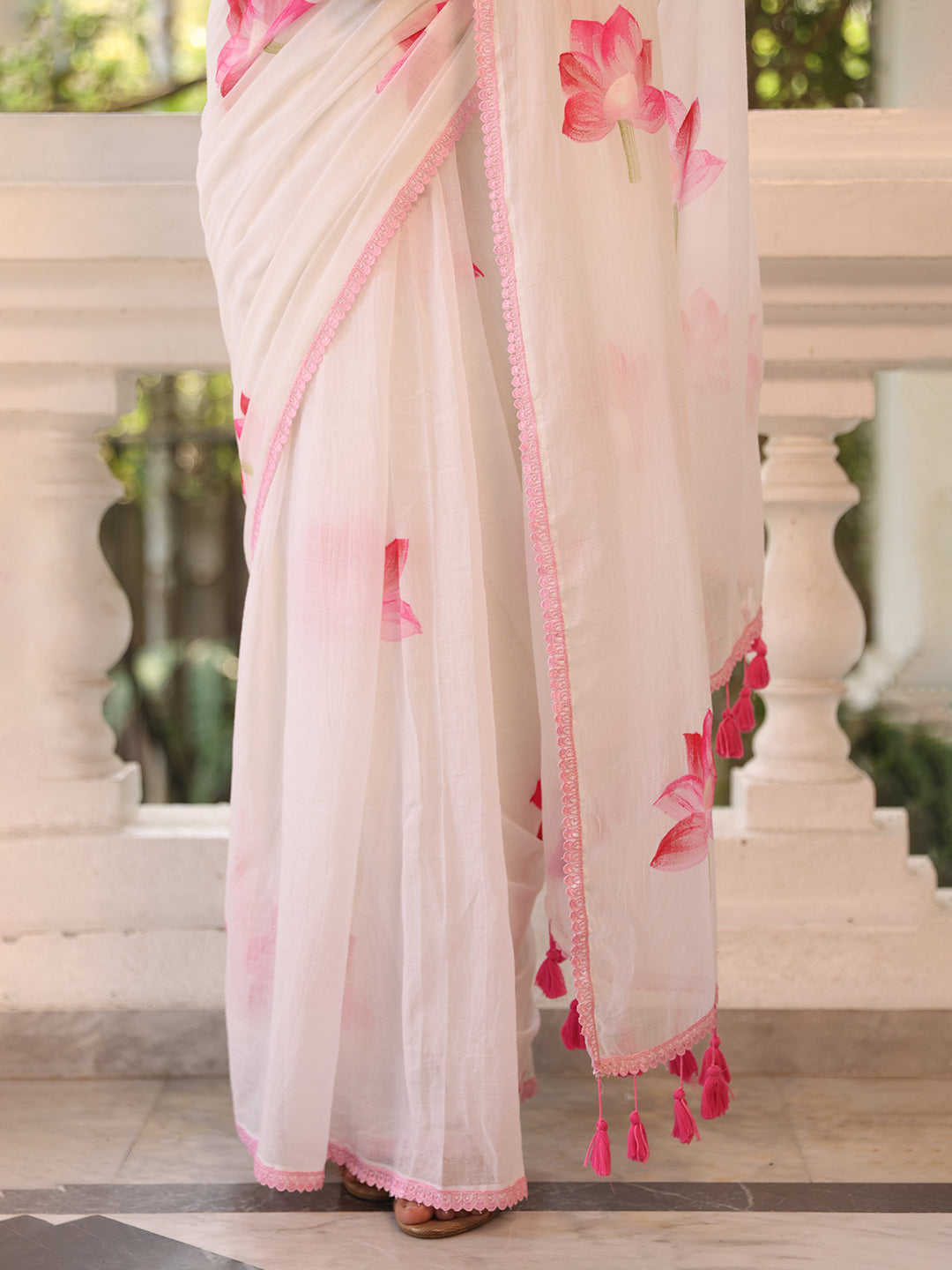 White Pink Floral Mulmul Cotton Saree