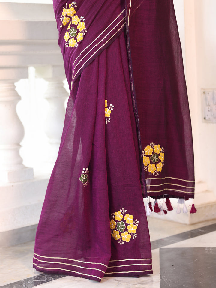 Magenta Flower Mulmul Cotton Saree