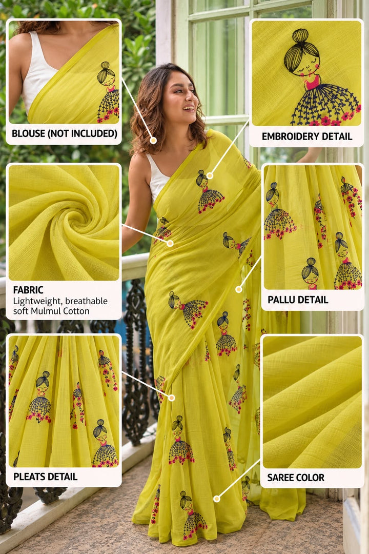 Green Embroidery Mulmul Cotton Saree