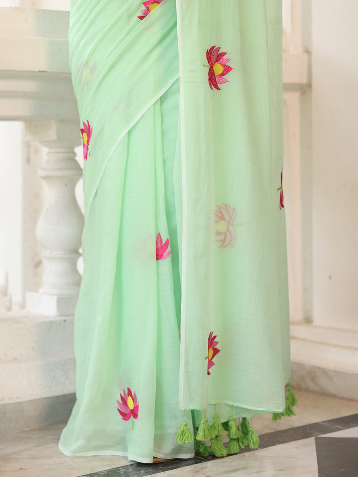 Sea Green Lotus Mulmul Cotton Saree