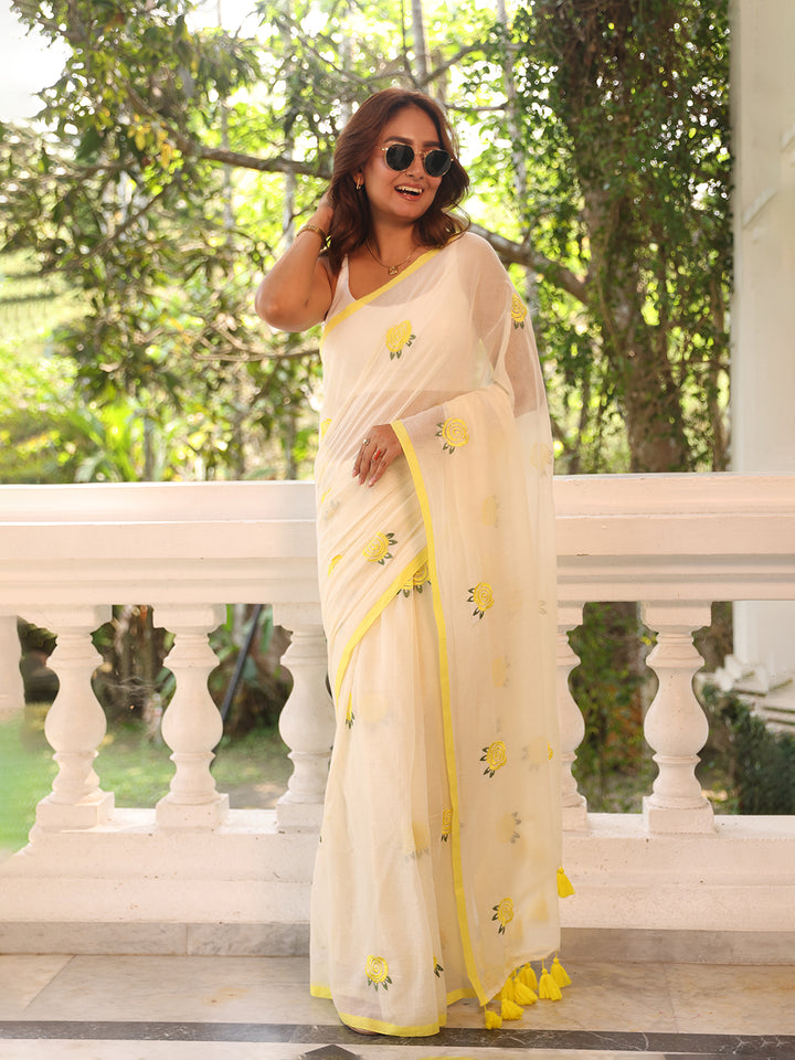 White Yellow Rose Mulmul Cotton Saree