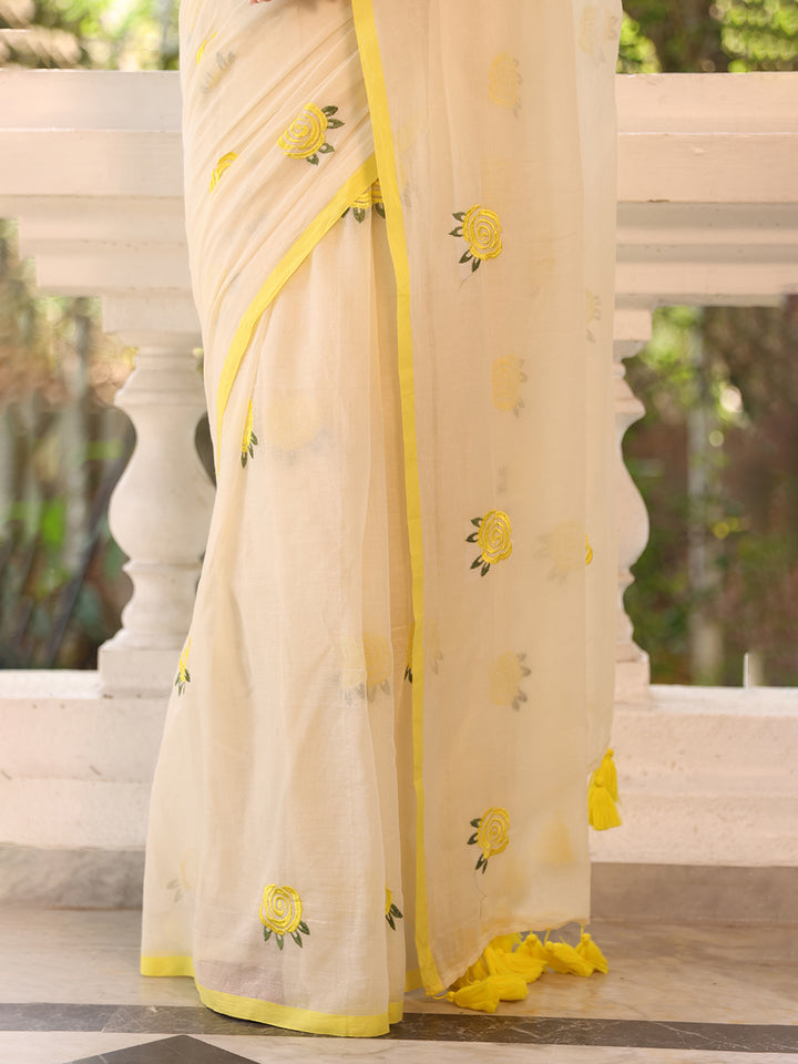 White Yellow Rose Mulmul Cotton Saree