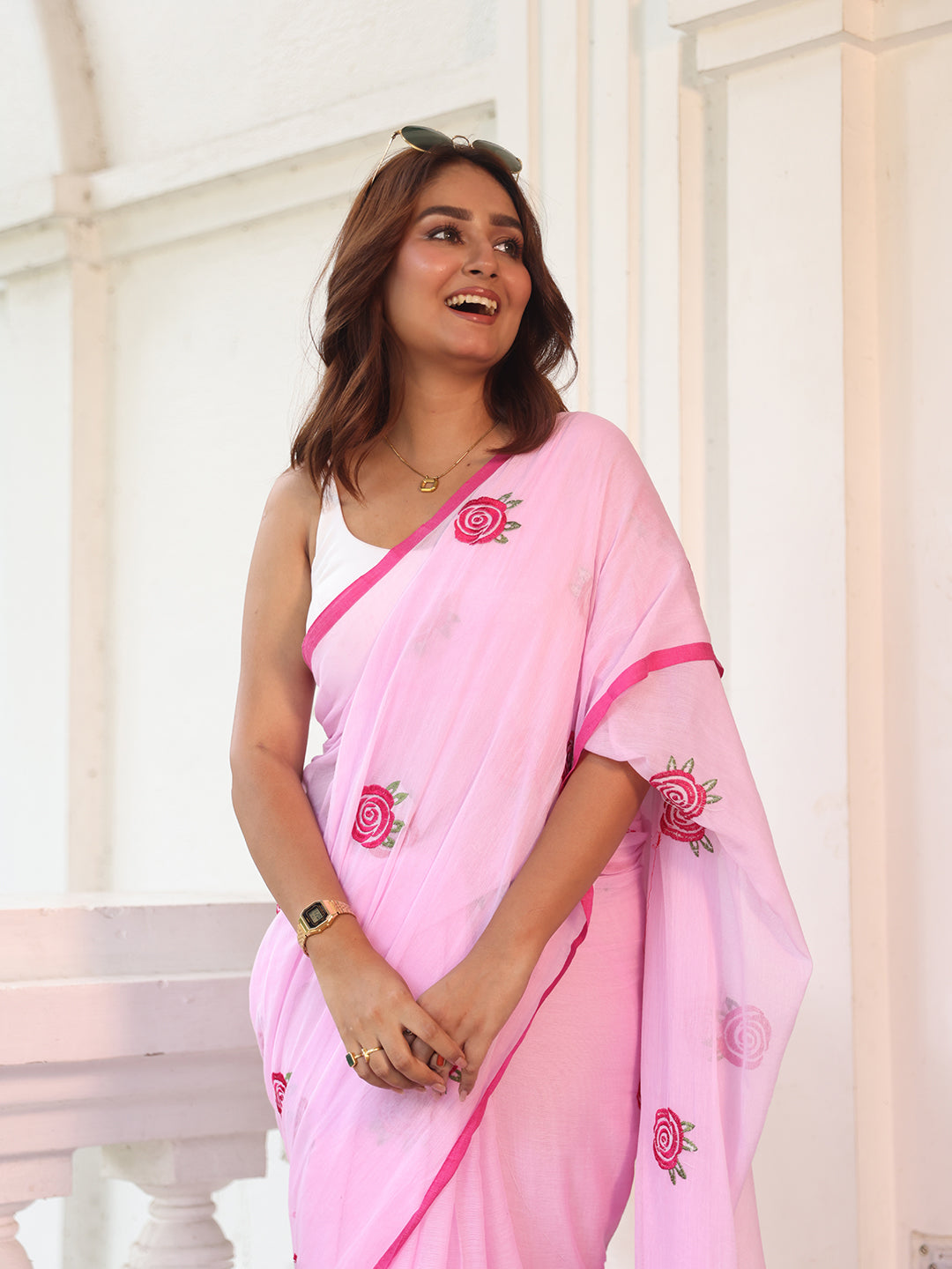 Pink Rose Mulmul Cotton Saree