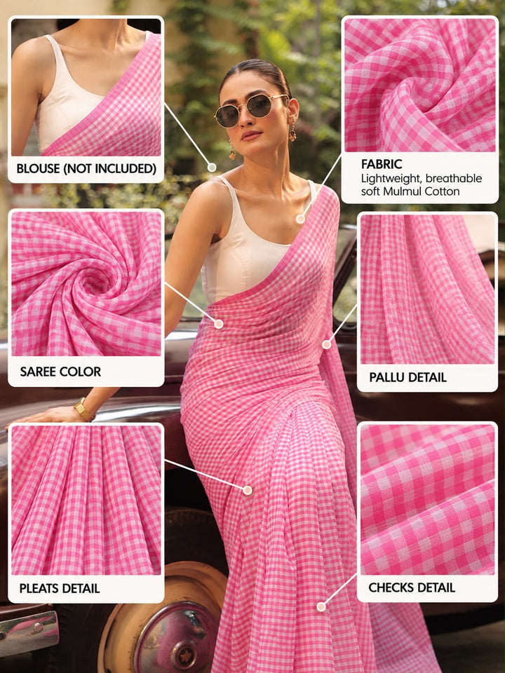 Gingham Check Pink Mulmul Cotton Saree