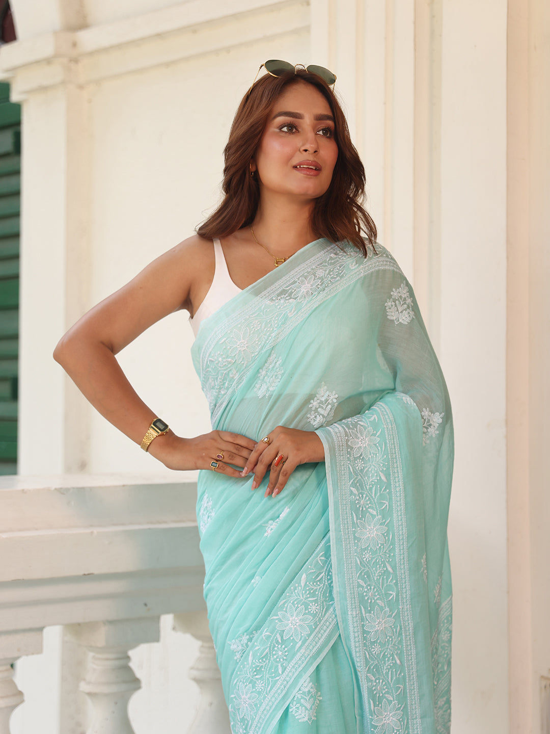 Sea Green Chikankari Mulmul Cotton Saree