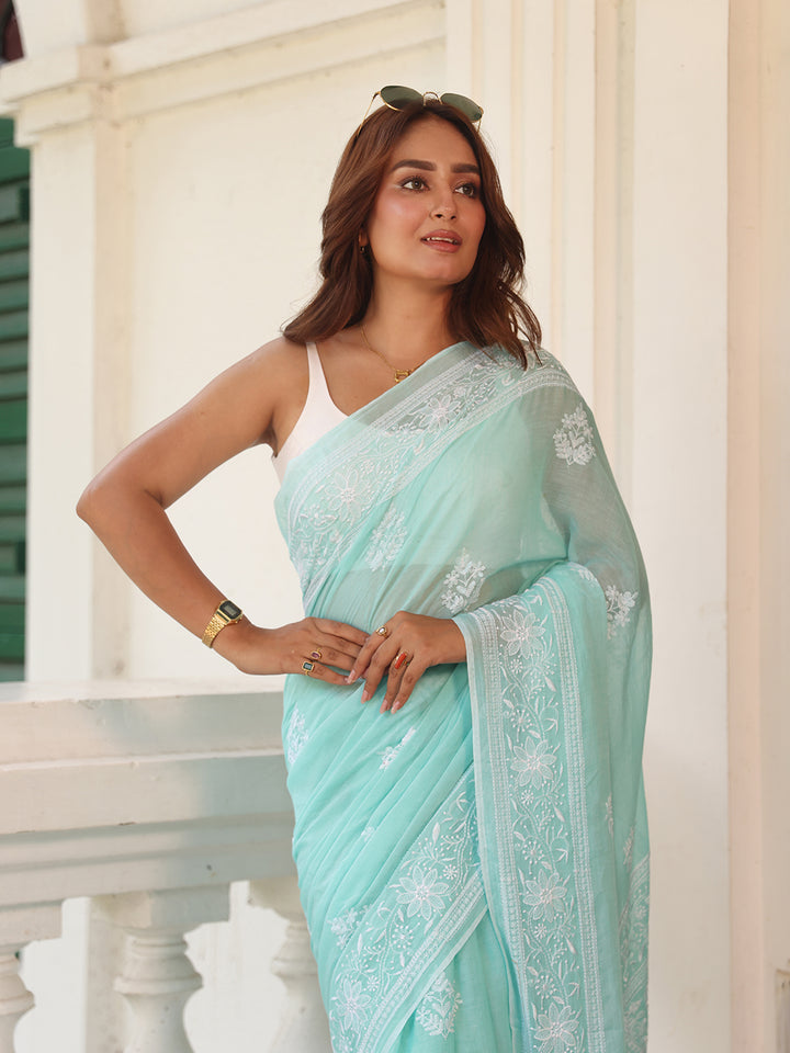 Sea Green Chikankari Mulmul Cotton Saree