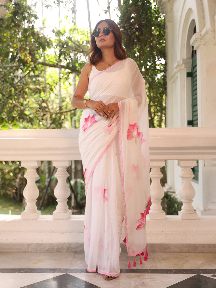 White Pink Floral Mulmul Cotton Saree