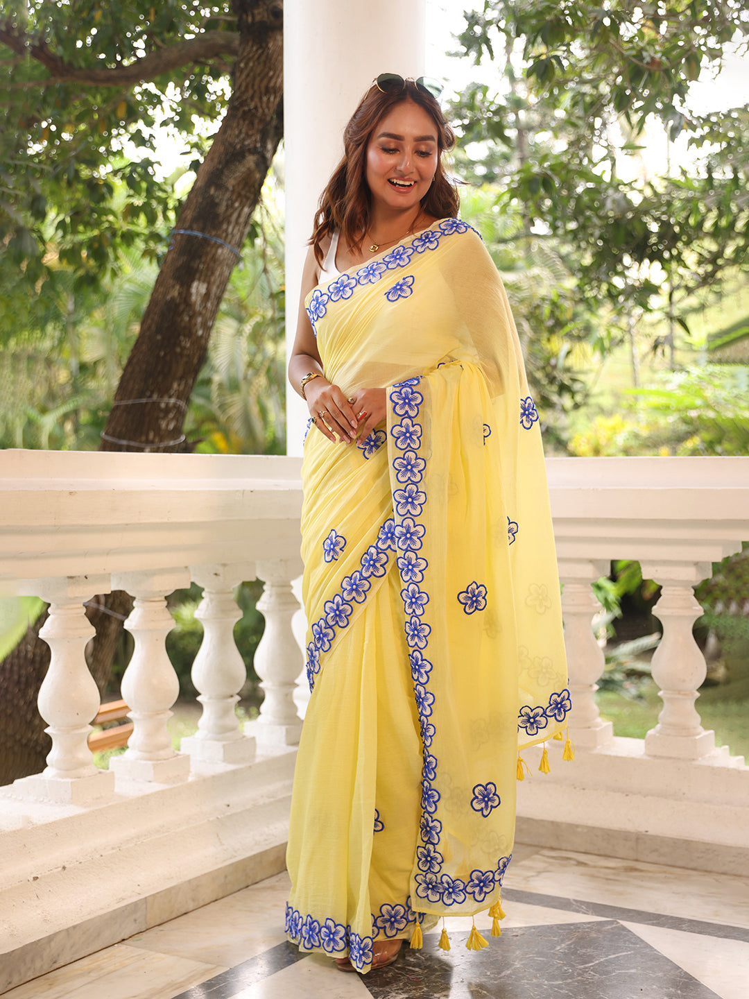 Yellow Floral Motif Mulmul Cotton Saree