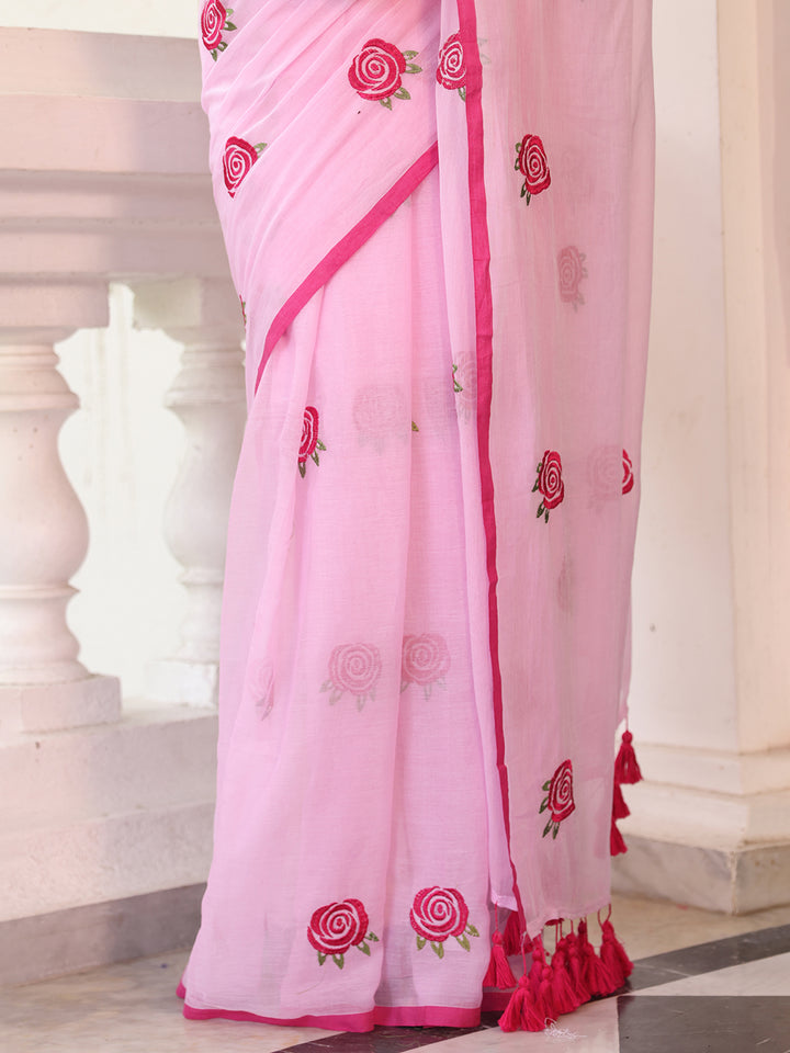 Pink Rose Mulmul Cotton Saree