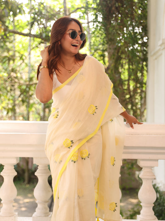 White Yellow Rose Mulmul Cotton Saree