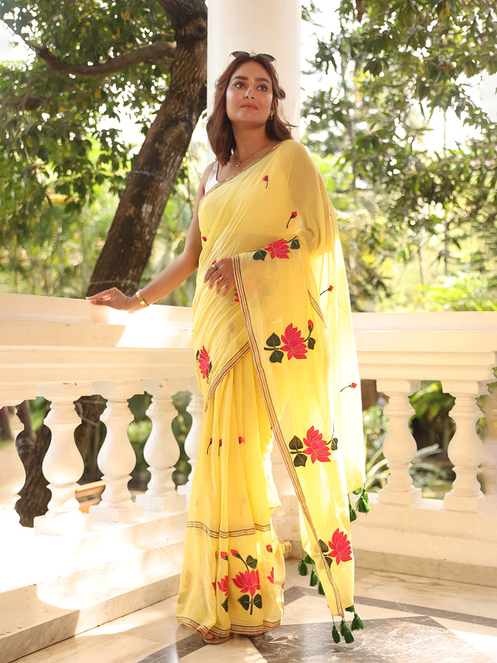 Yellow Lotus Mulmul Cotton Saree