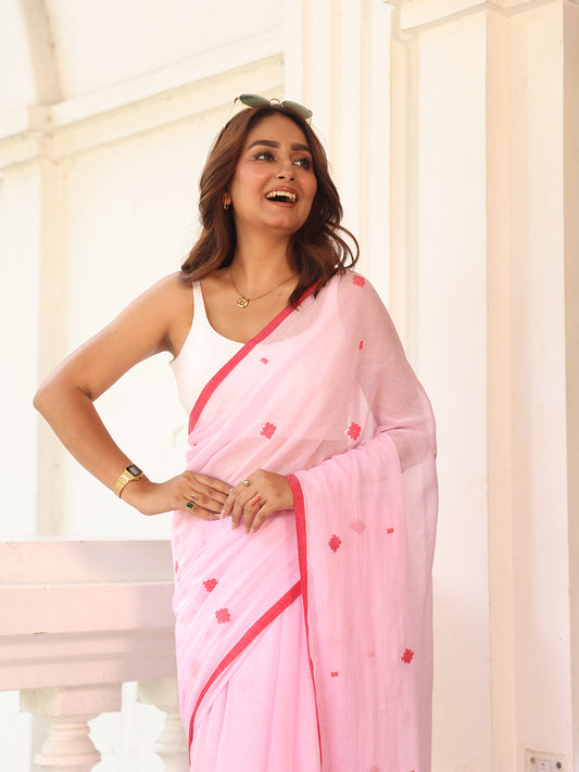 Soft Pink Mulmul Cotton Saree