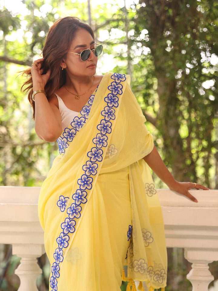 Yellow Floral Motif Mulmul Cotton Saree