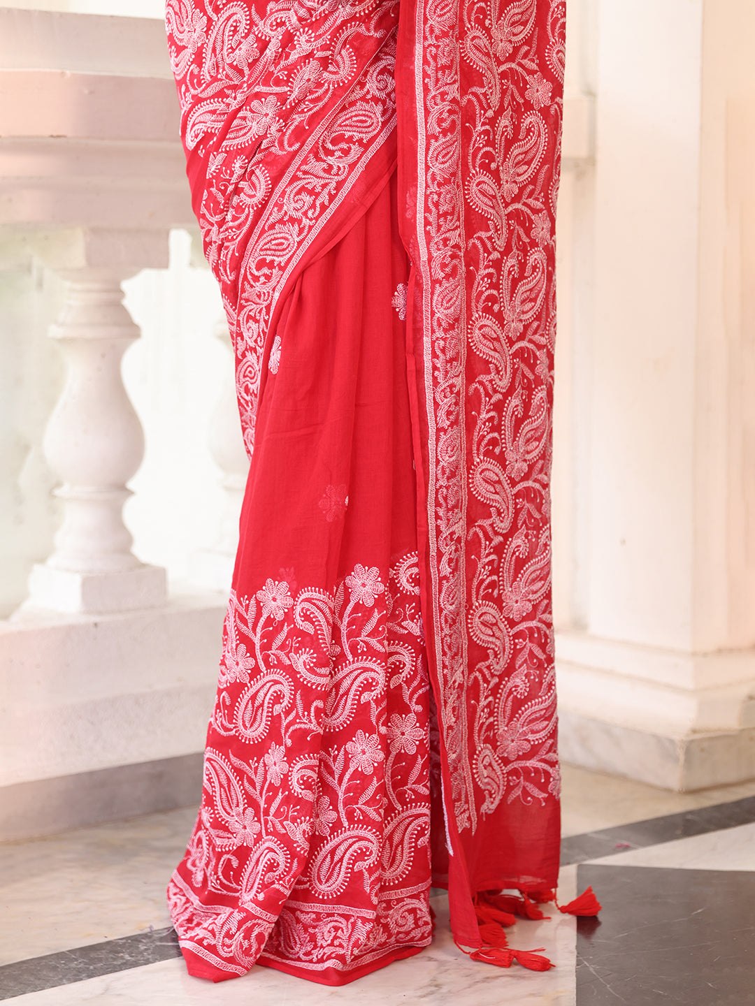 Red Chikankari Mulmul Cotton Saree