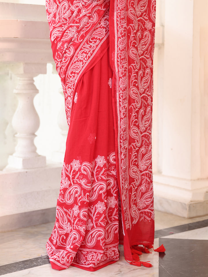 Red Chikankari Mulmul Cotton Saree