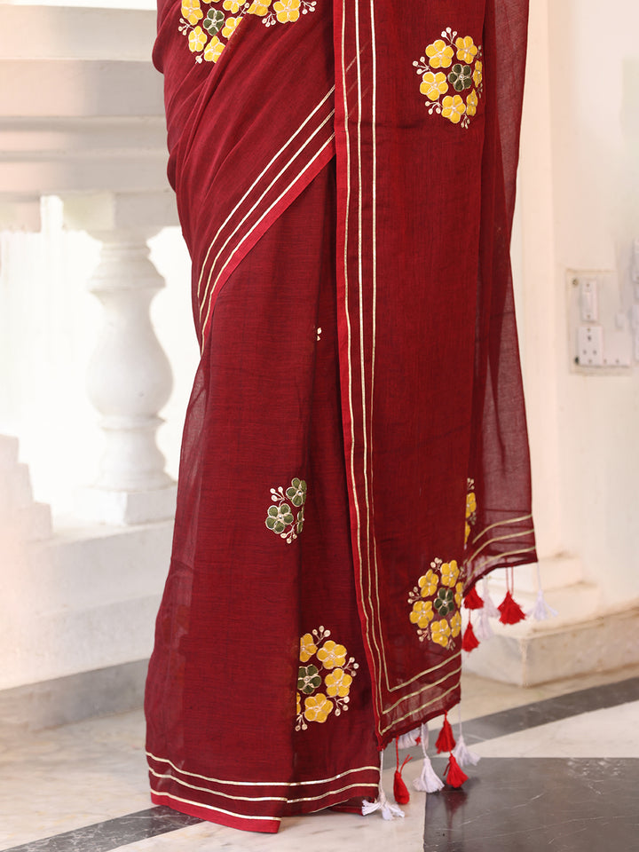 Brown Flower Mulmul Cotton Saree