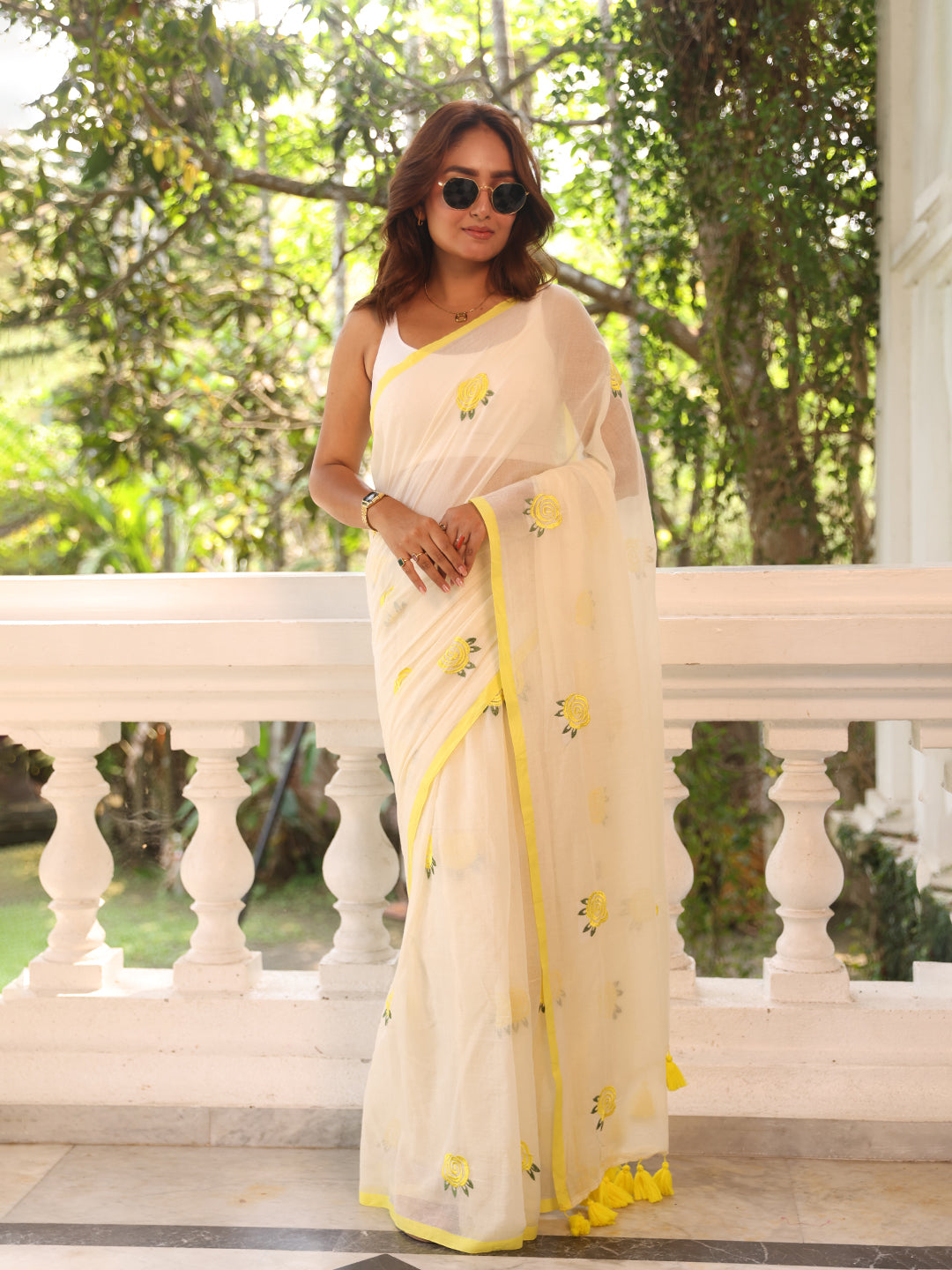 White Yellow Rose Mulmul Cotton Saree