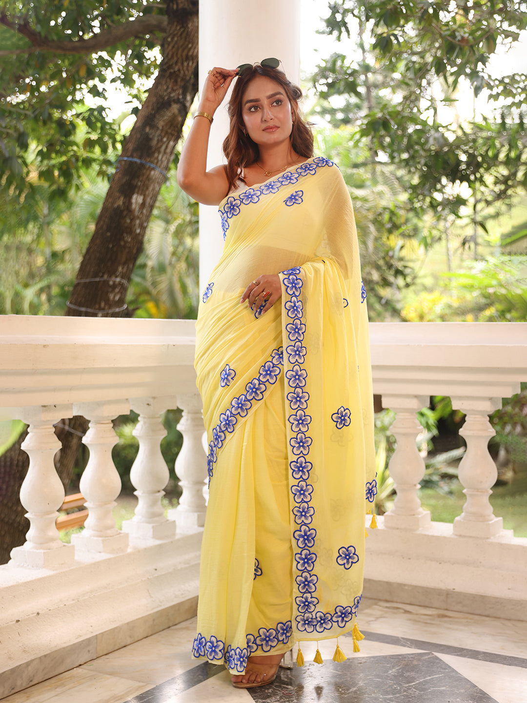 Yellow Floral Motif Mulmul Cotton Saree