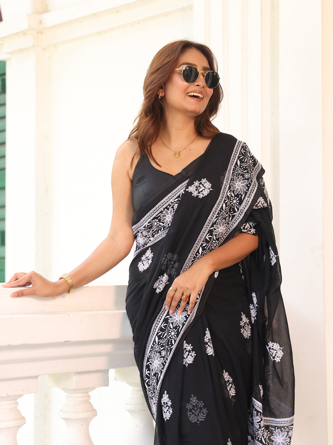 Black Chikankari Mulmul Cotton Saree
