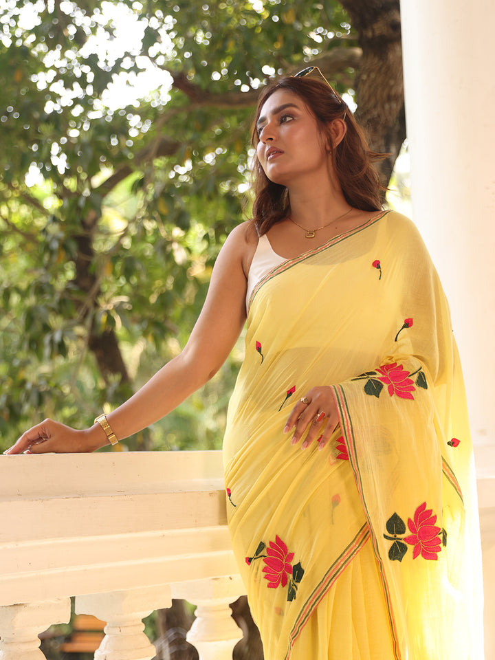 Yellow Lotus Mulmul Cotton Saree