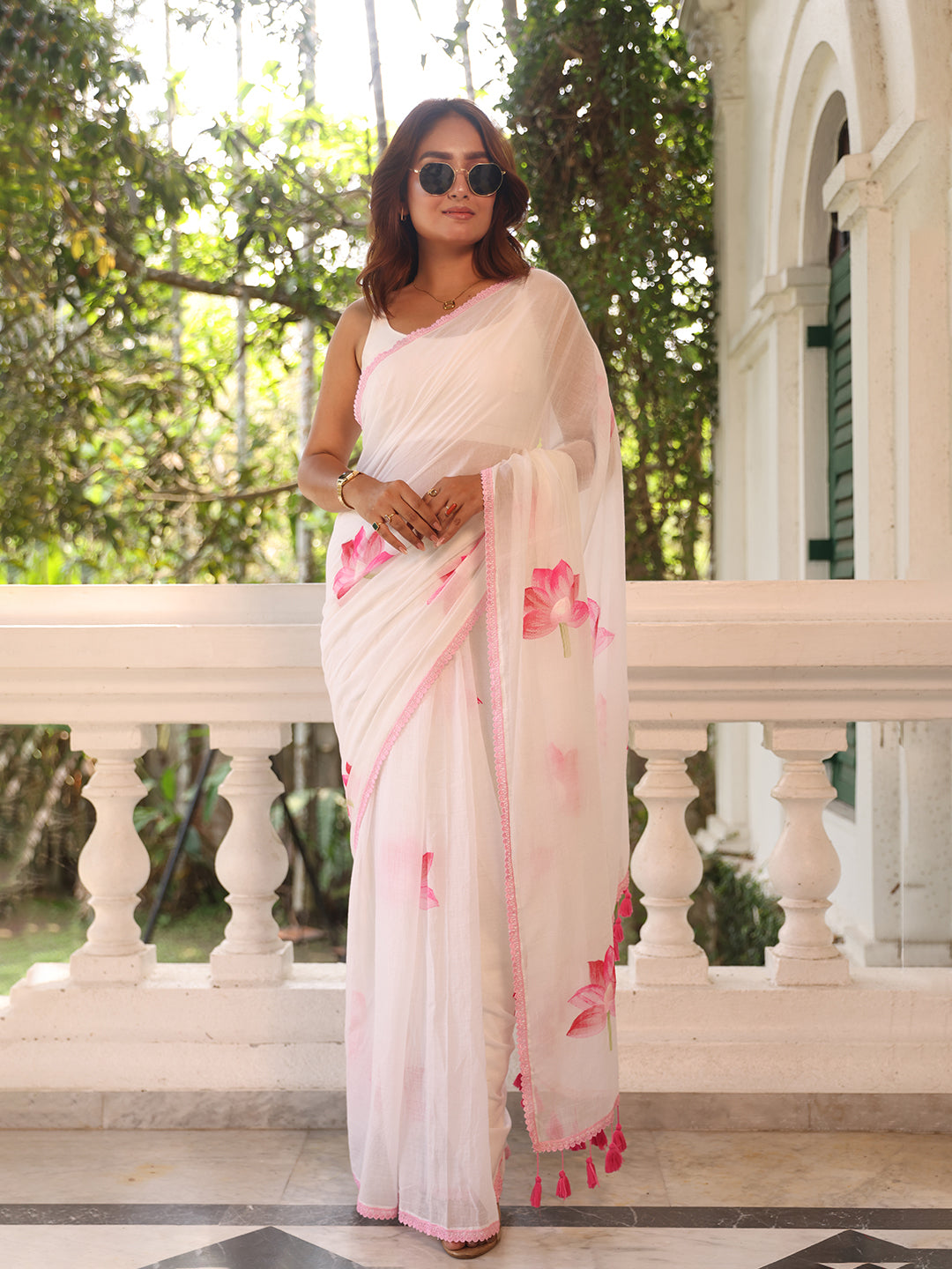 White Pink Floral Mulmul Cotton Saree