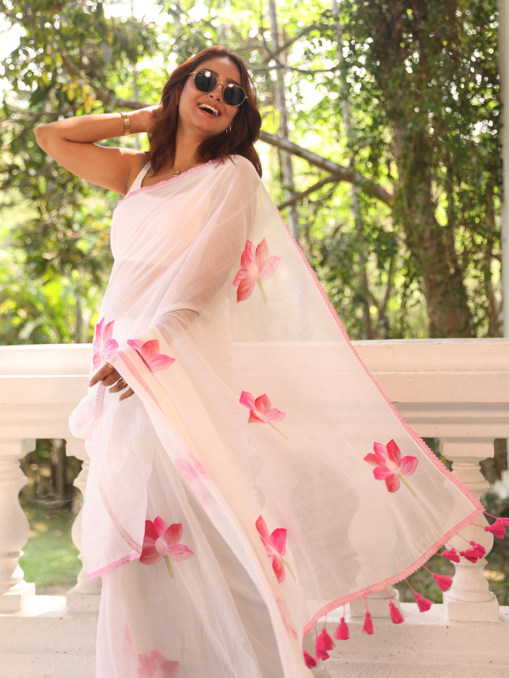 White Pink Floral Mulmul Cotton Saree