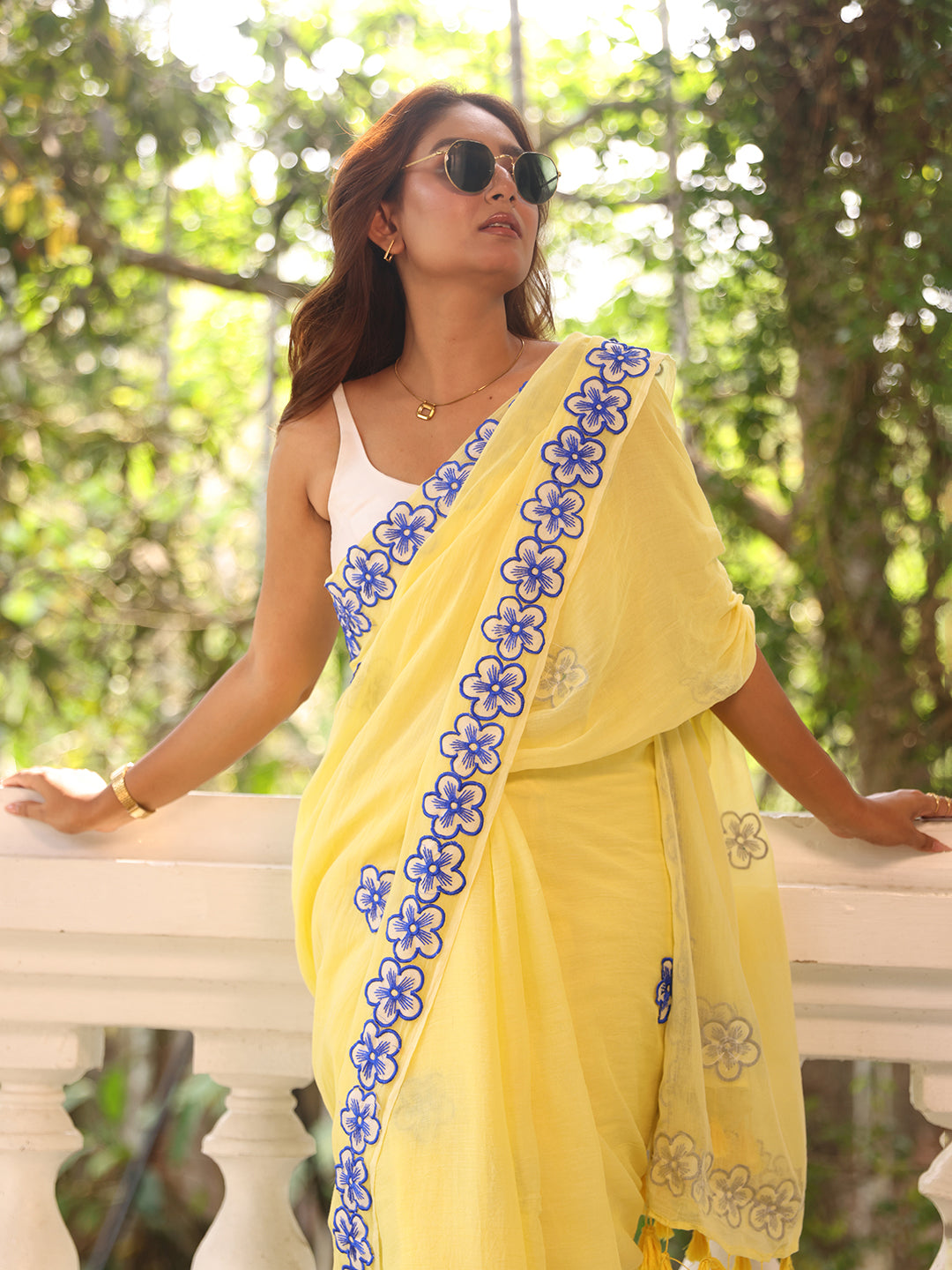 Yellow Floral Motif Mulmul Cotton Saree