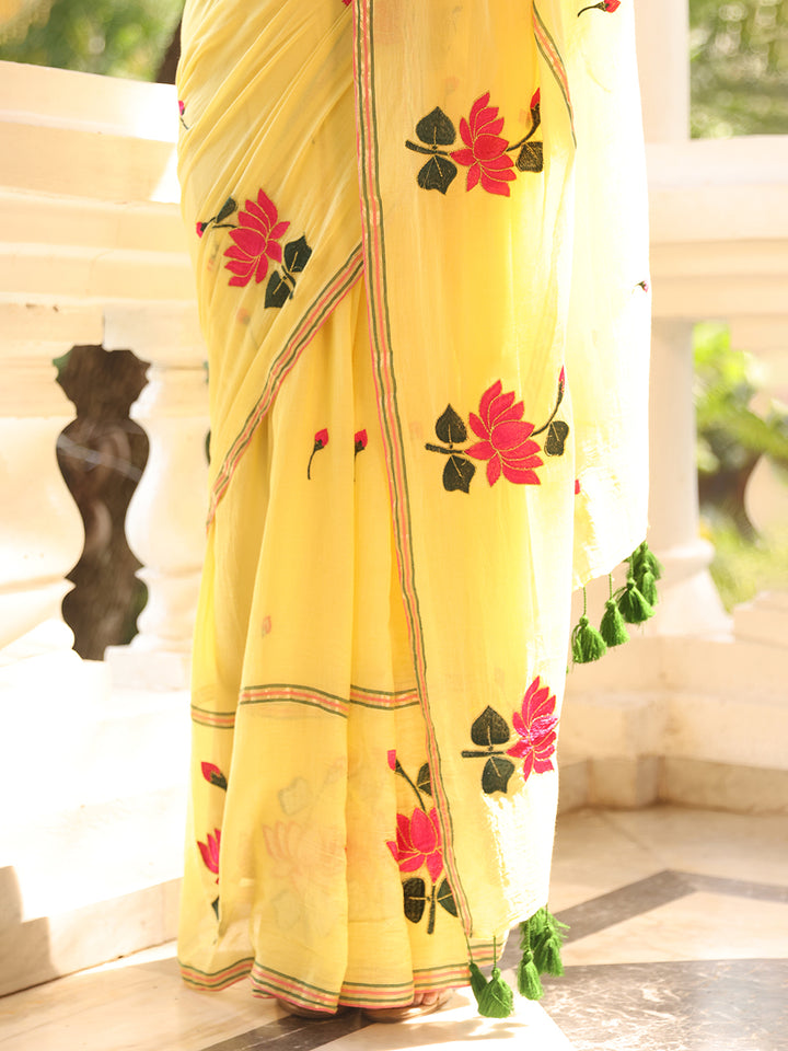 Yellow Lotus Mulmul Cotton Saree