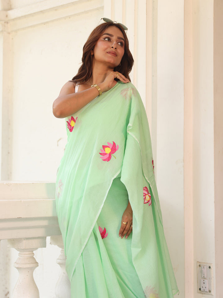 Sea Green Lotus Mulmul Cotton Saree