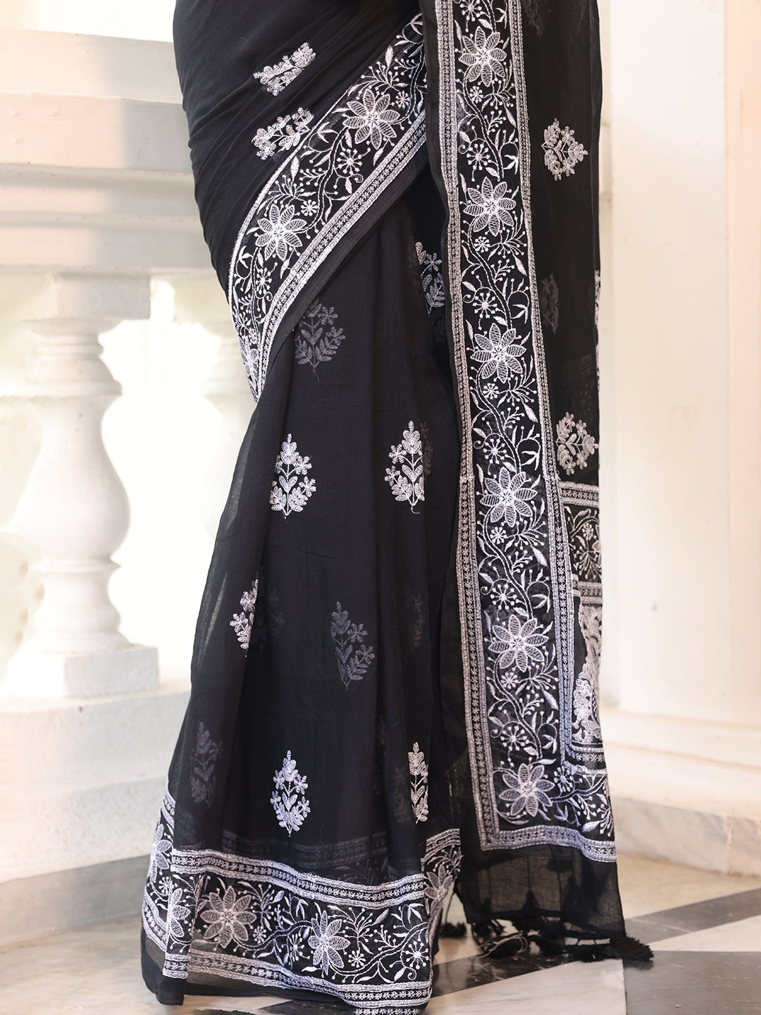 Black Chikankari Mulmul Cotton Saree
