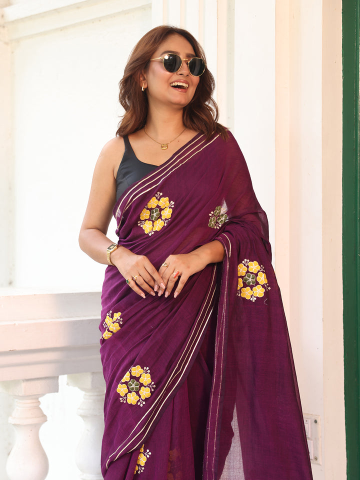 Magenta Flower Mulmul Cotton Saree