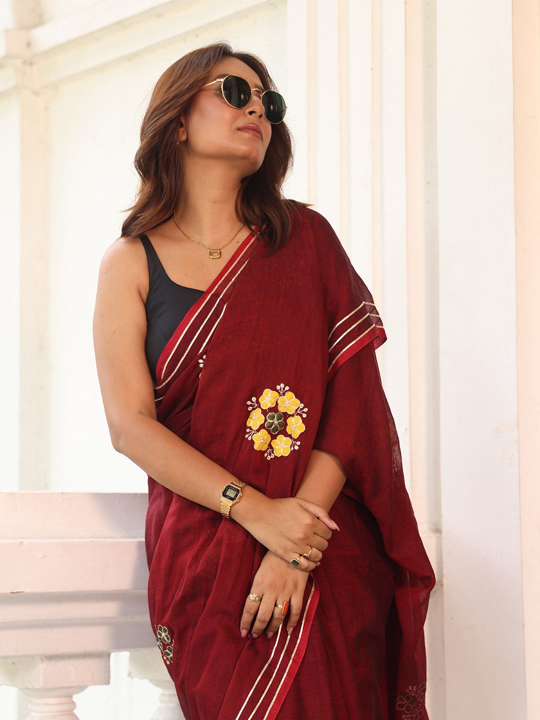 Brown Flower Mulmul Cotton Saree