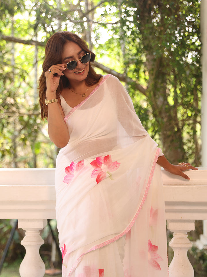 White Pink Floral Mulmul Cotton Saree