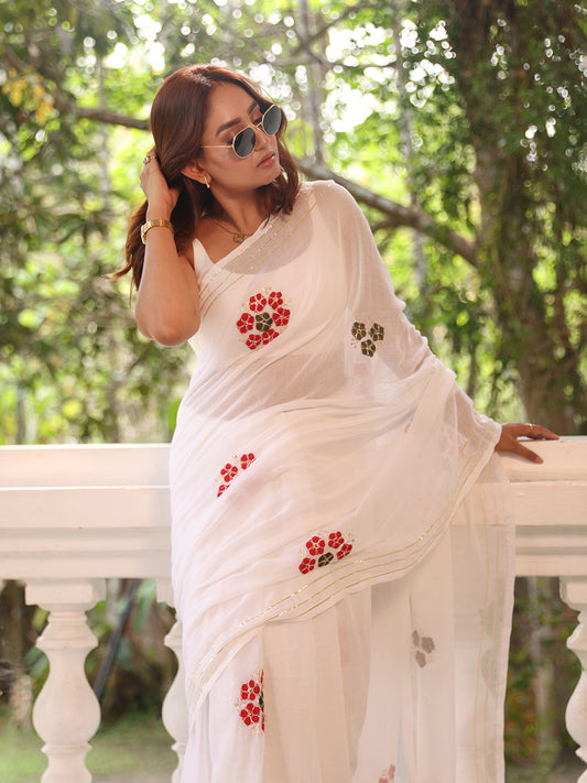 White Flower Mulmul Cotton Saree