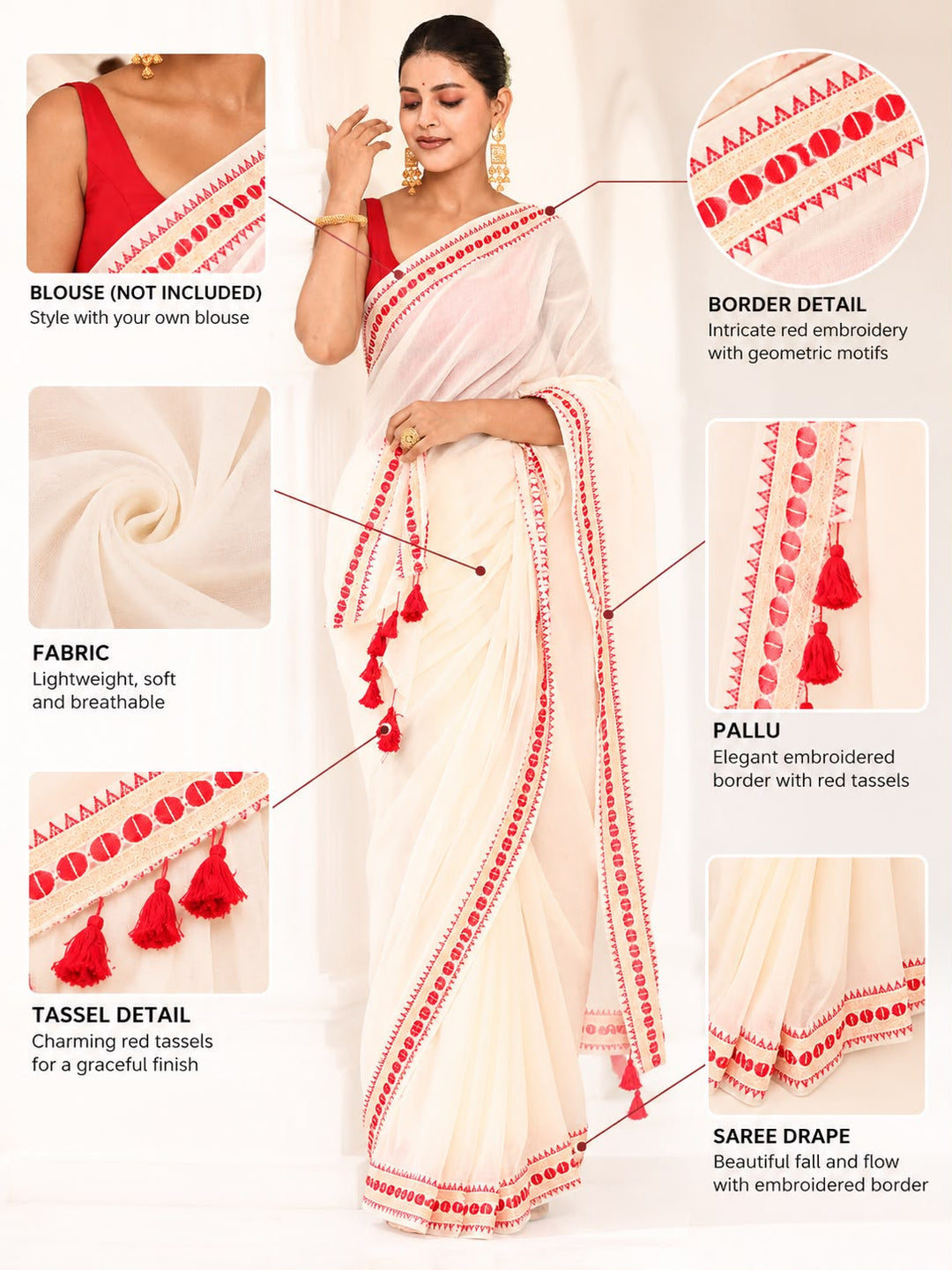 White and Red  Mulmul Cotton Saree