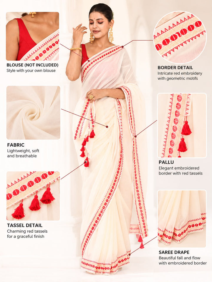White and Red  Mulmul Cotton Saree