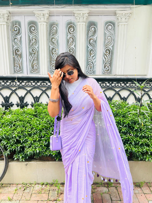 Lavender Sequined Mulmul Cotton Saree