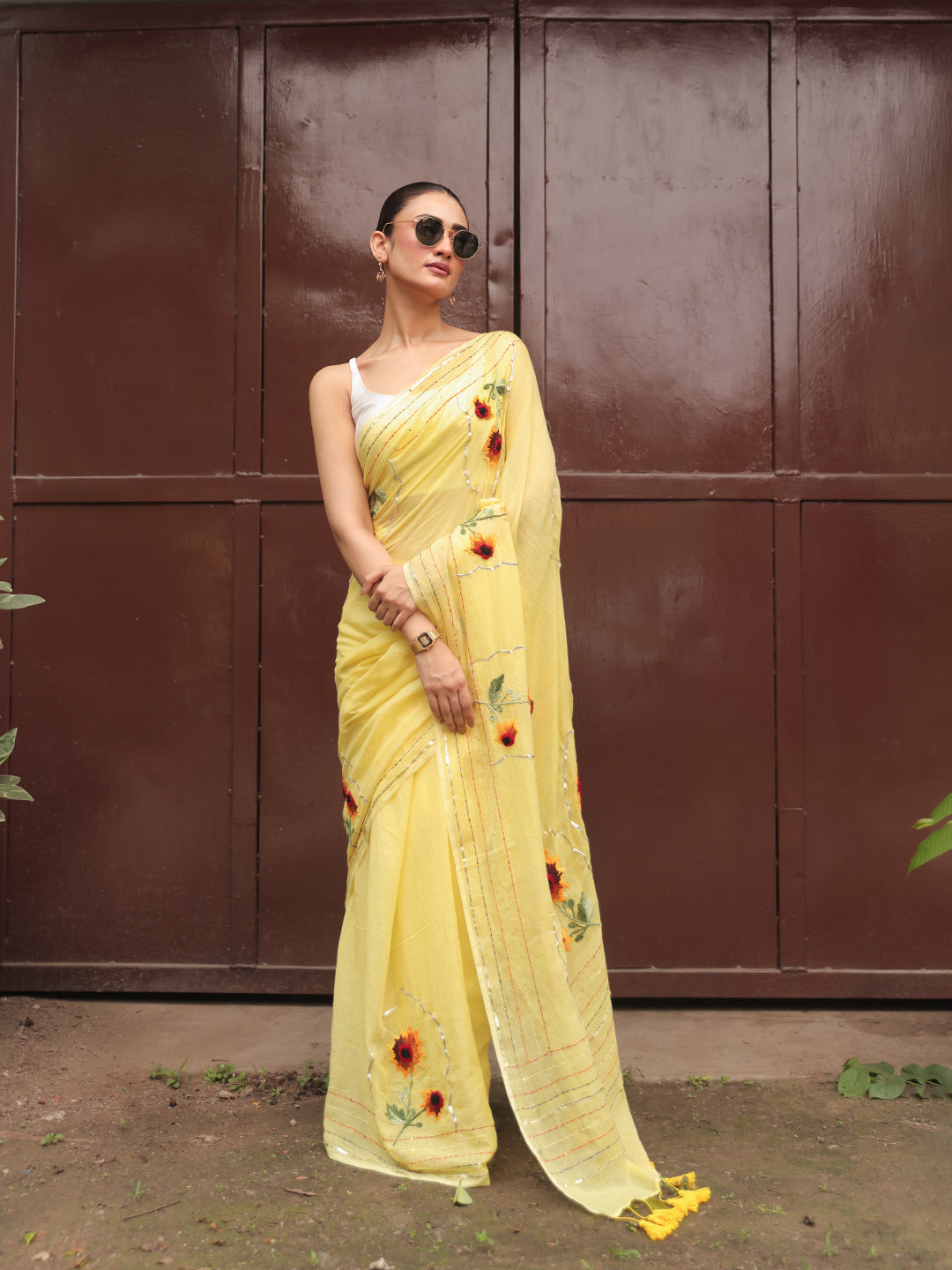 Hand Embroidered Sunflower Mulmul Cotton Saree