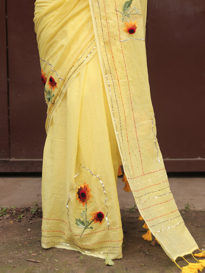 Hand Embroidered Sunflower Mulmul Cotton Saree