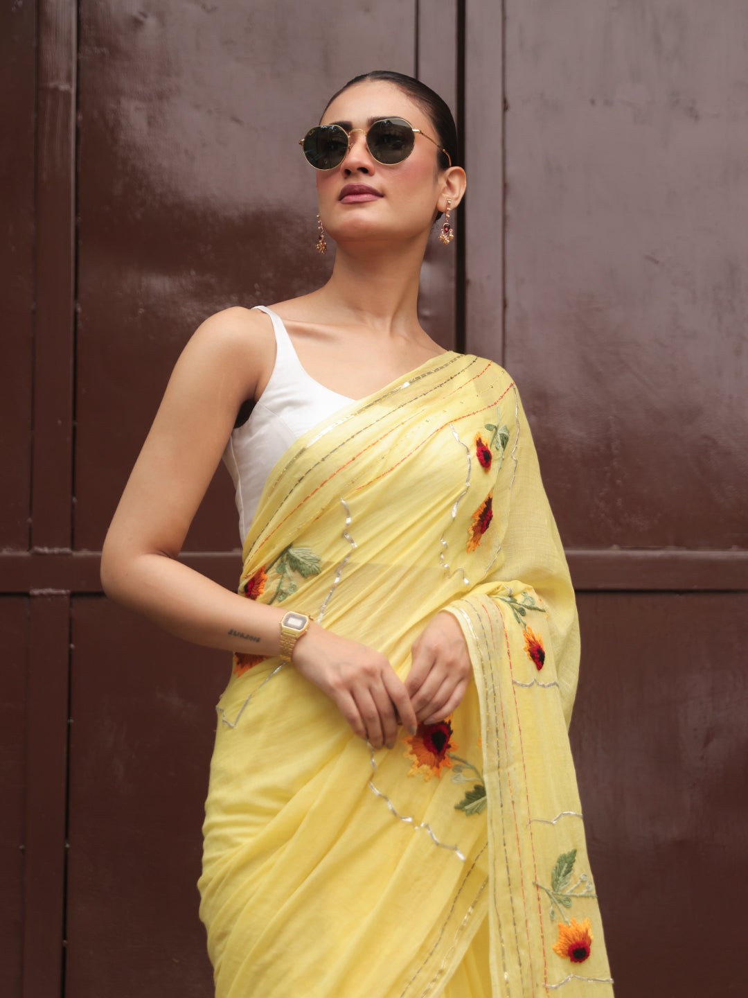 Hand Embroidered Sunflower Mulmul Cotton Saree