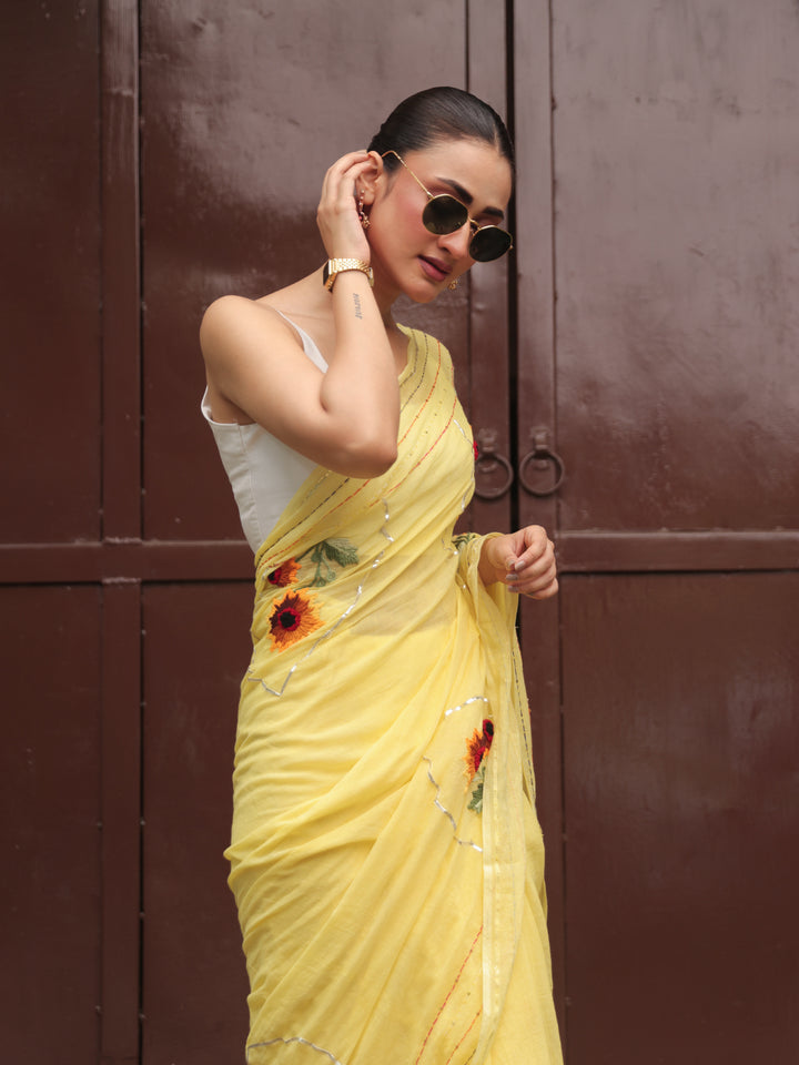 Hand Embroidered Sunflower Mulmul Cotton Saree