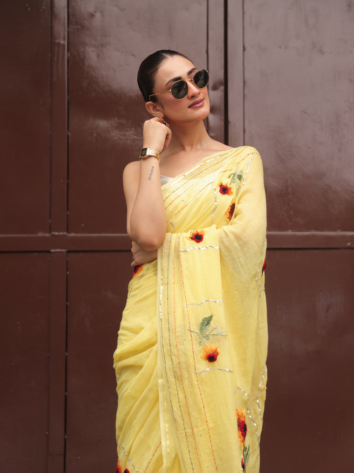 Hand Embroidered Sunflower Mulmul Cotton Saree