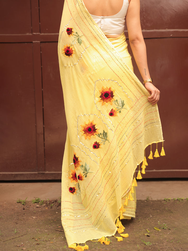 Hand Embroidered Sunflower Mulmul Cotton Saree