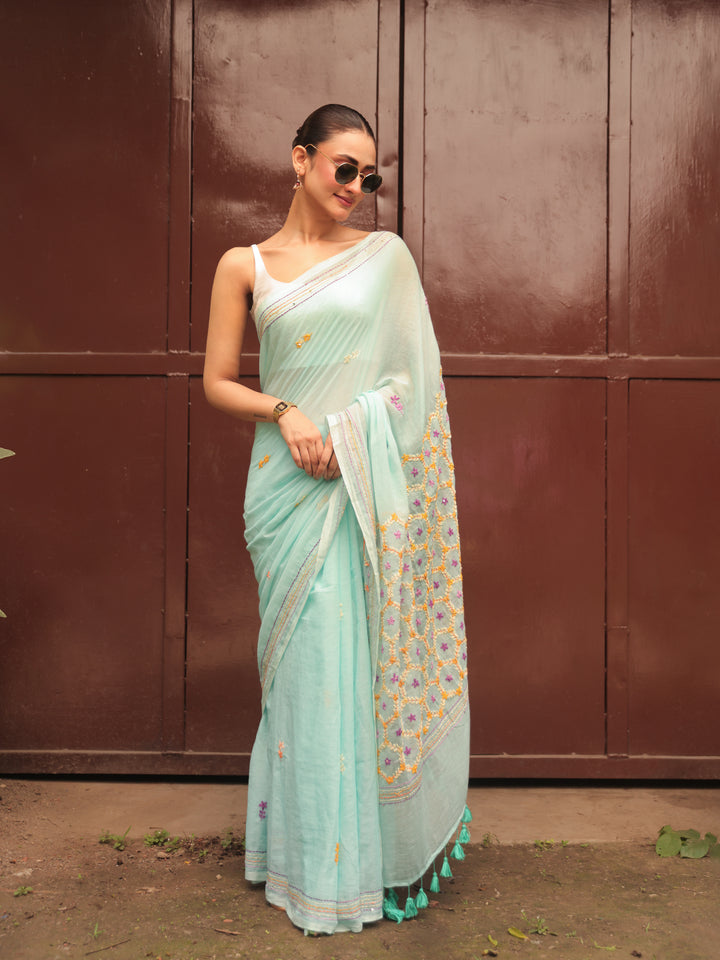 Hand Embroidered Sea Green Mulmul Cotton Saree