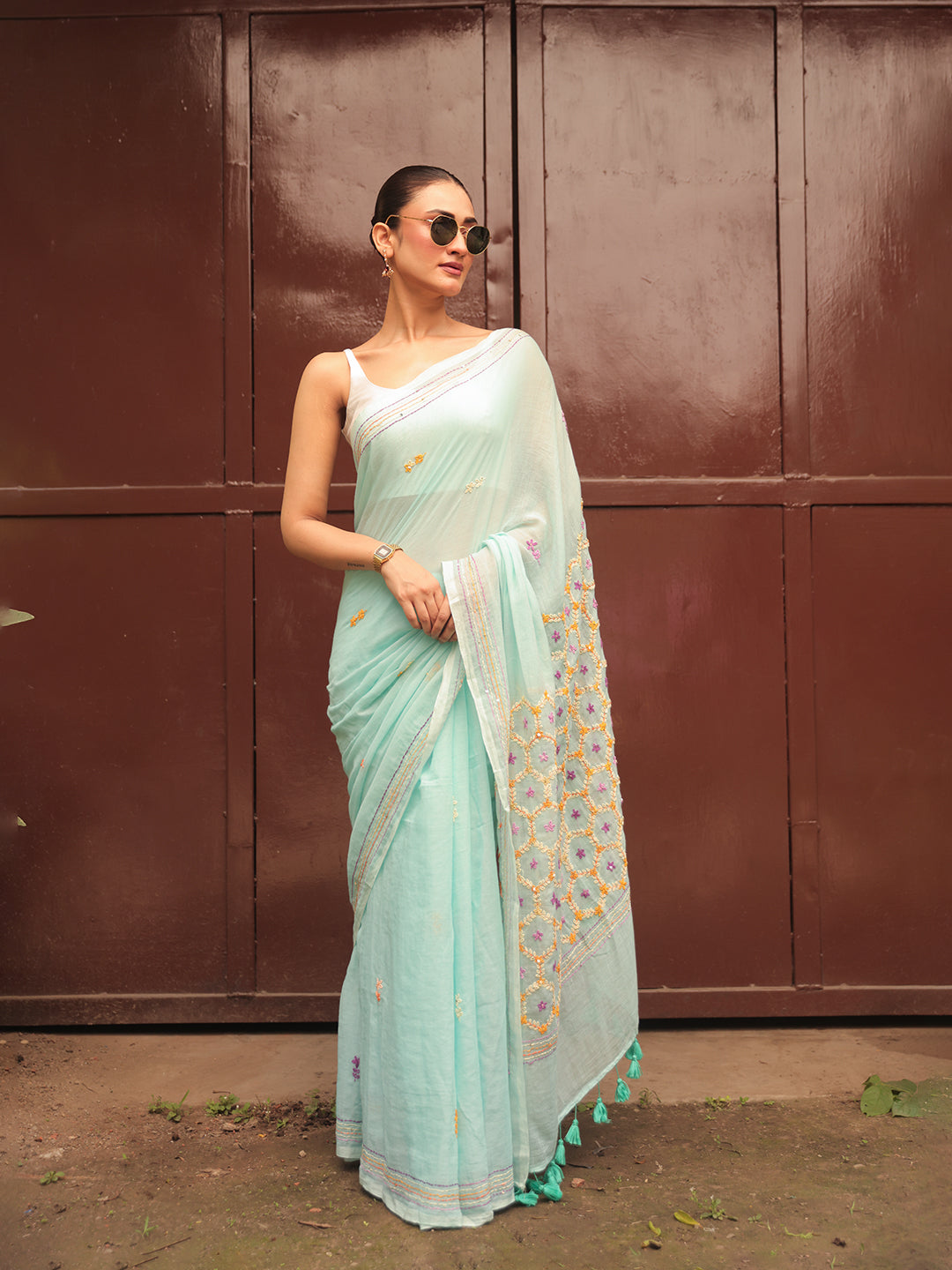 Hand Embroidered Sea Green Mulmul Cotton Saree