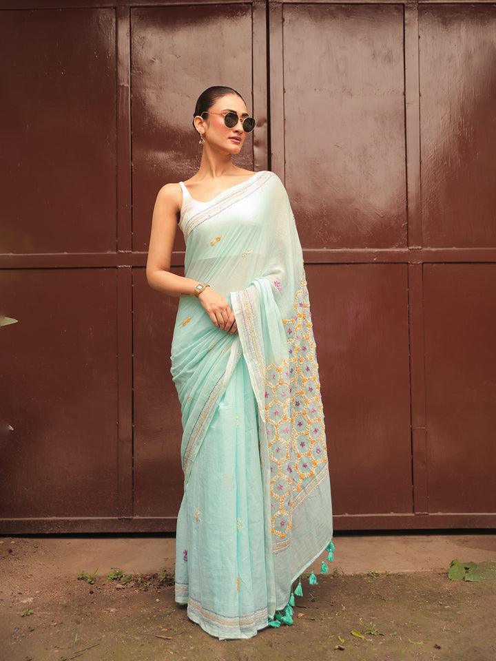 Hand Embroidered Sea Green Mulmul Cotton Saree